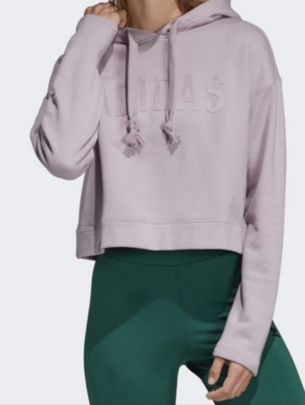 Puma Lilac Logo Pullover Cropped Hoodie Athleisure Sweatshirt Model Off Duty
